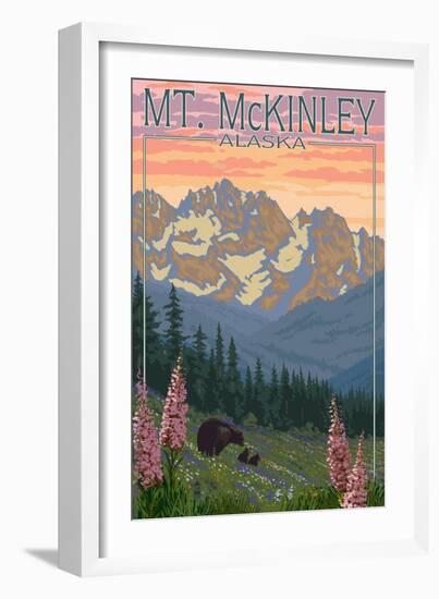 Mount McKinley, Alaska - Bear and Cubs Spring Flowers-Lantern Press-Framed Art Print