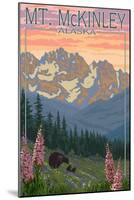 Mount McKinley, Alaska - Bear and Cubs Spring Flowers-Lantern Press-Mounted Art Print