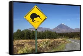Mount Ngauruhoe with Kiwi Crossing Sign-Stuart-Framed Stretched Canvas