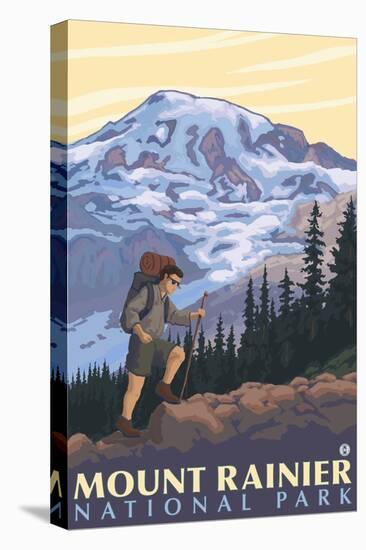 Mount Rainier, Hiker-Lantern Press-Stretched Canvas