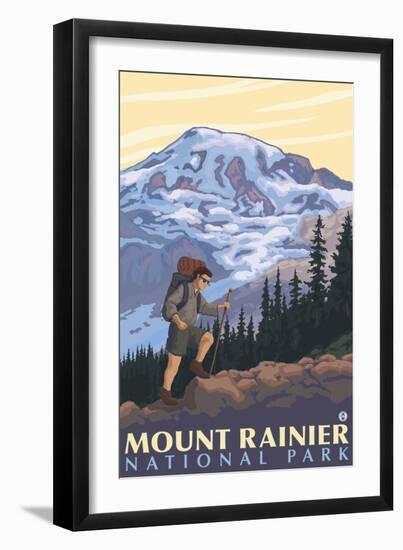 Mount Rainier, Hiker-Lantern Press-Framed Art Print