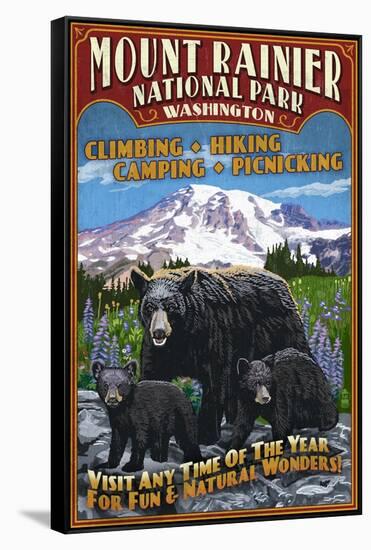 Mount Rainier National Park - Bear Family Vintage Sign-Lantern Press-Framed Stretched Canvas