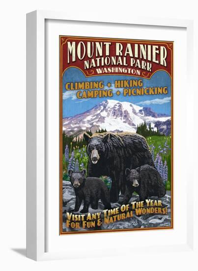 Mount Rainier National Park - Bear Family Vintage Sign-Lantern Press-Framed Art Print