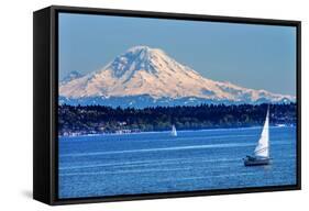 Mount Rainier Puget Sound North Seattle Snow Mountain Sailboats, Washington State-William Perry-Framed Stretched Canvas