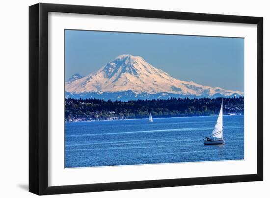 Mount Rainier Puget Sound North Seattle Snow Mountain Sailboats, Washington State-William Perry-Framed Photographic Print