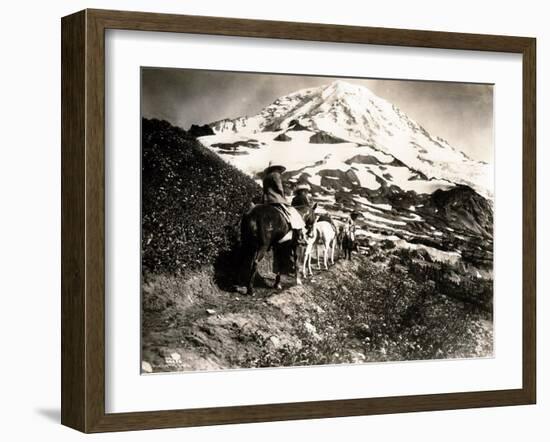 Mount Rainier, Two Women and a Man on Horse Trail, 1914-Asahel Curtis-Framed Giclee Print