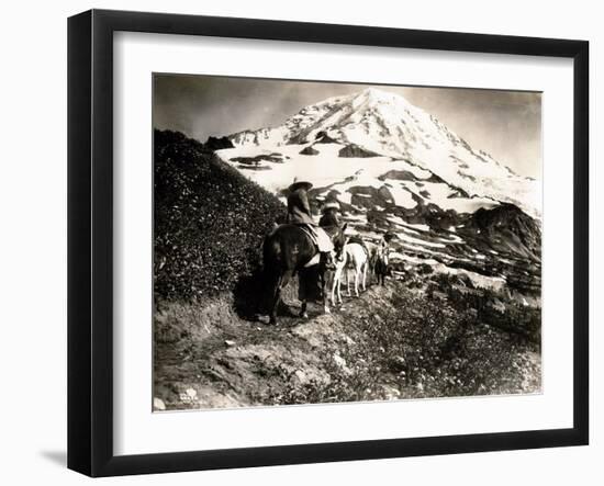 Mount Rainier, Two Women and a Man on Horse Trail, 1914-Asahel Curtis-Framed Giclee Print