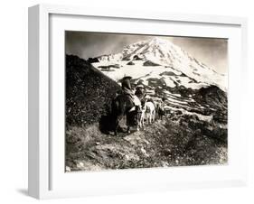 Mount Rainier, Two Women and a Man on Horse Trail, 1914-Asahel Curtis-Framed Giclee Print