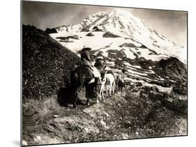 Mount Rainier, Two Women and a Man on Horse Trail, 1914-Asahel Curtis-Mounted Giclee Print