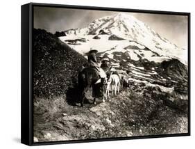 Mount Rainier, Two Women and a Man on Horse Trail, 1914-Asahel Curtis-Framed Stretched Canvas