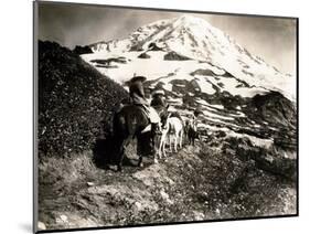 Mount Rainier, Two Women and a Man on Horse Trail, 1914-Asahel Curtis-Mounted Giclee Print