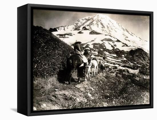 Mount Rainier, Two Women and a Man on Horse Trail, 1914-Asahel Curtis-Framed Stretched Canvas