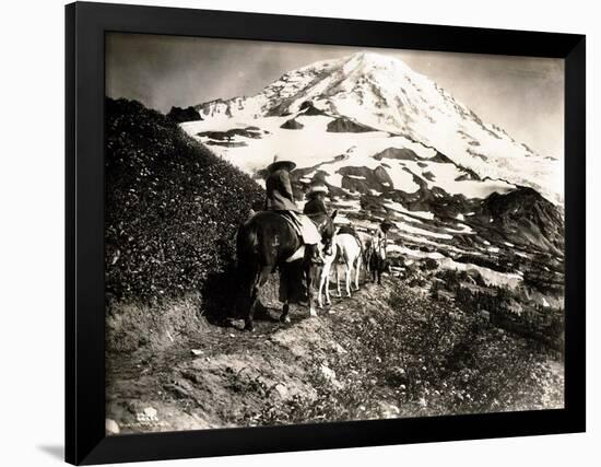 Mount Rainier, Two Women and a Man on Horse Trail, 1914-Asahel Curtis-Framed Giclee Print