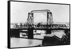 Mount Rainier View from the City through Bridge - Tacoma, WA-Lantern Press-Framed Stretched Canvas