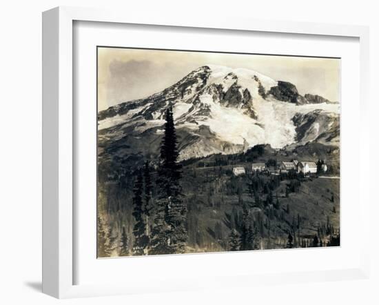 Mount Rainier with Paradise Inn in Foreground, 1922-Asahel Curtis-Framed Giclee Print