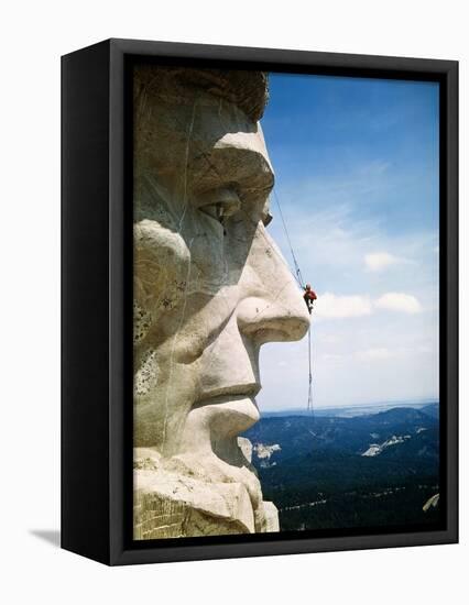 Mount Rushmore Repairman Working on Lincoln's Nose-Bettmann-Framed Stretched Canvas