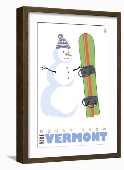 Mount Snow, Vermont, Snowman with Snowboard-Lantern Press-Framed Art Print