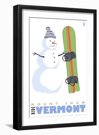 Mount Snow, Vermont, Snowman with Snowboard-Lantern Press-Framed Art Print