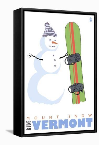 Mount Snow, Vermont, Snowman with Snowboard-Lantern Press-Framed Stretched Canvas