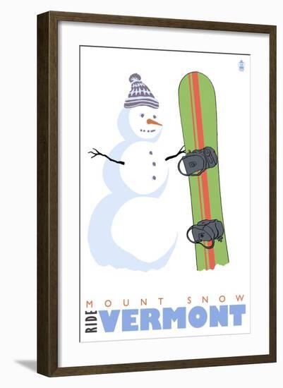 Mount Snow, Vermont, Snowman with Snowboard-Lantern Press-Framed Art Print