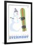 Mount Snow, Vermont, Snowman with Snowboard-Lantern Press-Framed Art Print