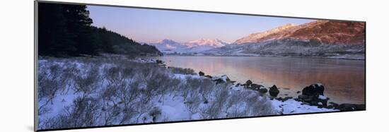 Mount Snowdon in snow at sunrise with frozen LLynnau Mymbyr lake, Capel Curig, Snowdonia-Stuart Black-Mounted Photographic Print