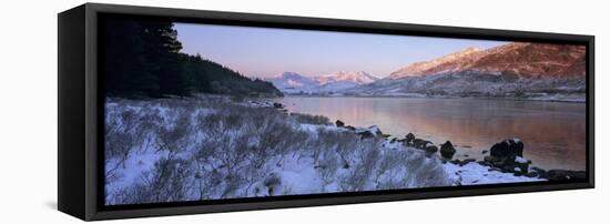 Mount Snowdon in snow at sunrise with frozen LLynnau Mymbyr lake, Capel Curig, Snowdonia-Stuart Black-Framed Stretched Canvas