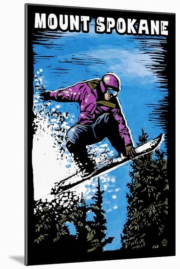 Mount Spokane, Washington - Scratchboard Snowboarder-Lantern Press-Mounted Art Print