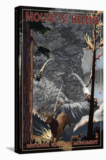 Mount St. Helens - Eruption Scene with Elk-Lantern Press-Stretched Canvas