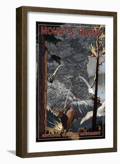 Mount St. Helens - Eruption Scene with Elk-Lantern Press-Framed Art Print