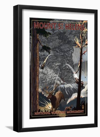 Mount St. Helens - Eruption Scene with Elk-Lantern Press-Framed Art Print