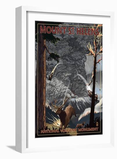 Mount St. Helens - Eruption Scene with Elk-Lantern Press-Framed Art Print