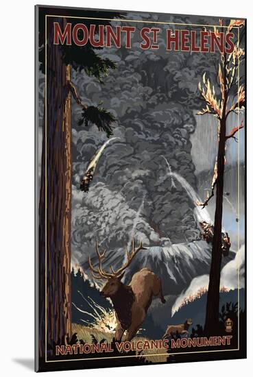 Mount St. Helens - Eruption Scene with Elk-Lantern Press-Mounted Art Print