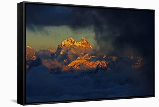 Mount Ushba (4,710M) before Sunset, with Low Clouds in Valleys, Seen from Elbrus, Caucasus, Russia-Schandy-Framed Stretched Canvas