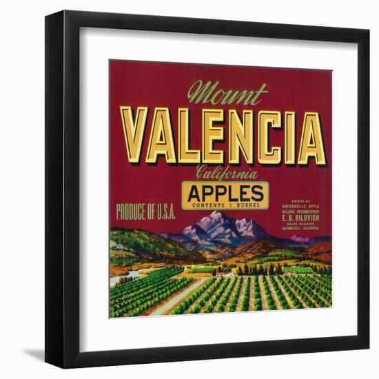 Mount Valencia Apple Label - Watsonville, CA-Lantern Press-Framed Art Print