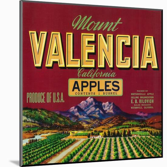 Mount Valencia Apple Label - Watsonville, CA-Lantern Press-Mounted Art Print