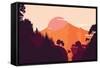 Mountain and Forest Landscape in Day, in Warm Tone. Flat Landscape. Vector Illustration.-miomart-Framed Stretched Canvas