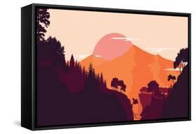 Mountain and Forest Landscape in Day, in Warm Tone. Flat Landscape. Vector Illustration.-miomart-Framed Stretched Canvas