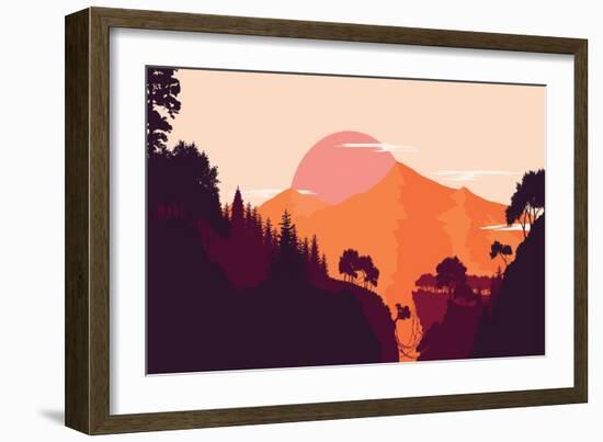 Mountain and Forest Landscape in Day, in Warm Tone. Flat Landscape. Vector Illustration.-miomart-Framed Art Print