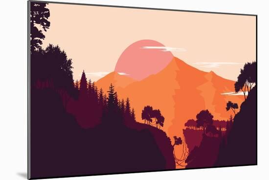 Mountain and Forest Landscape in Day, in Warm Tone. Flat Landscape. Vector Illustration.-miomart-Mounted Art Print