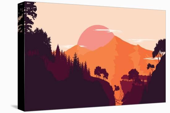 Mountain and Forest Landscape in Day, in Warm Tone. Flat Landscape. Vector Illustration.-miomart-Stretched Canvas