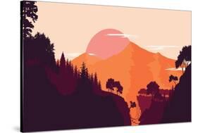 Mountain and Forest Landscape in Day, in Warm Tone. Flat Landscape. Vector Illustration.-miomart-Stretched Canvas