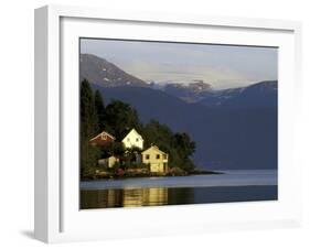Mountain and Houses Reflecting in Fjord Waters, Norway-Michele Molinari-Framed Premium Photographic Print