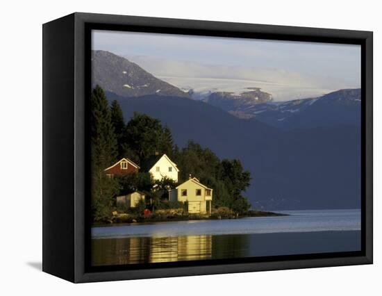 Mountain and Houses Reflecting in Fjord Waters, Norway-Michele Molinari-Framed Stretched Canvas