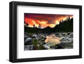 Mountain and River at Sunset-null-Framed Art Print