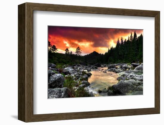 Mountain and River at Sunset-null-Framed Art Print