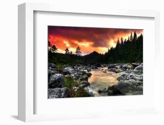 Mountain and River at Sunset-null-Framed Art Print