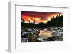 Mountain and River at Sunset-null-Framed Art Print