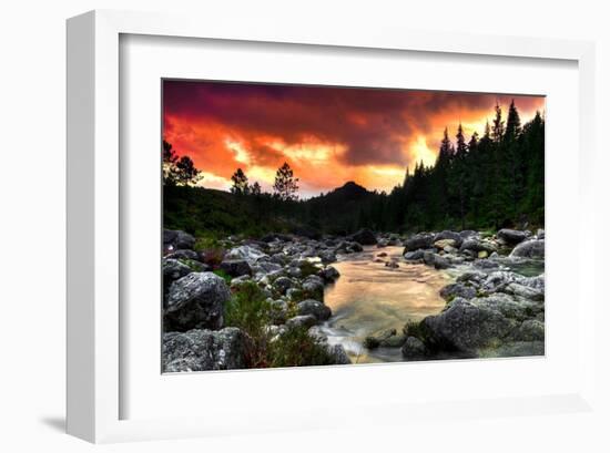 Mountain and River at Sunset-null-Framed Art Print