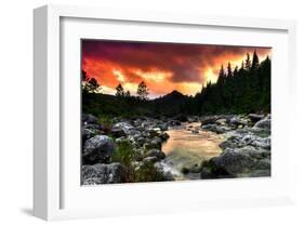 Mountain and River at Sunset-null-Framed Art Print